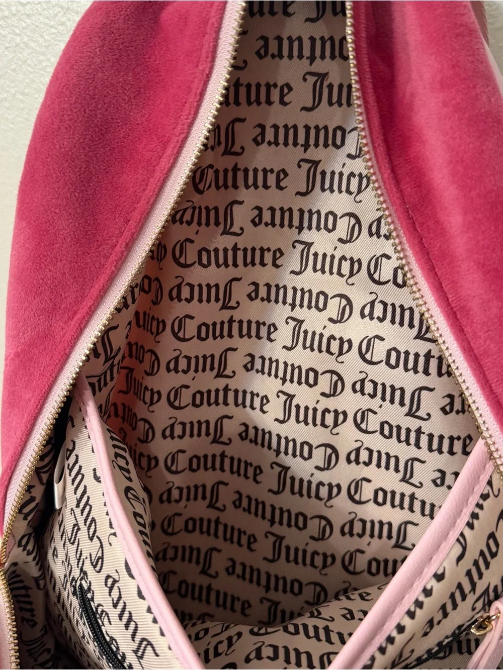 Juicy Couture Royal Pink Velour Backpack Rhinestone Crown Heart Charm Y2K